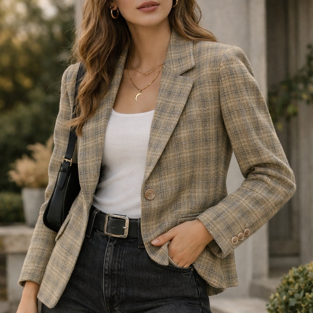 Vintage Liz Claiborne Blazer Women 12 Petite Linen Blend Plaid Academia Heritage